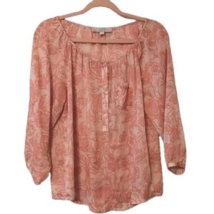 Loft Women's‎ Peach Floral Semi Sheer Long Sleeve Halfway Button Blouse/Shirt S